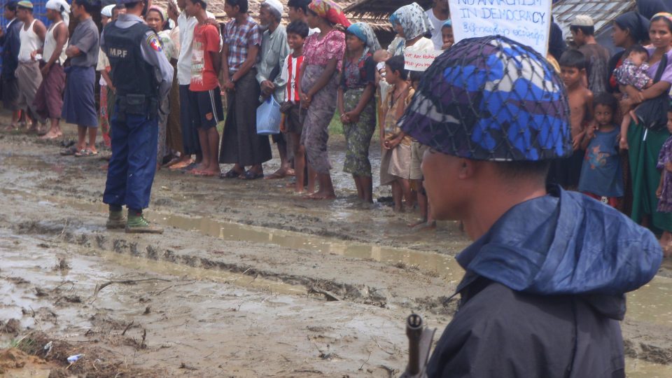 Myanmar police patrol an IDP camp in Rakhine State. Photo: Bernard Jaspers-Fajer EU/ECHO