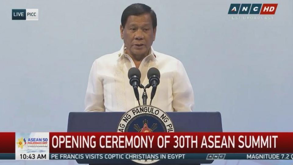 Philippine President Rodrigo Duterte addresses delegates at the 30th ASEAN Summit in Manila. Photo: ABS-CBN