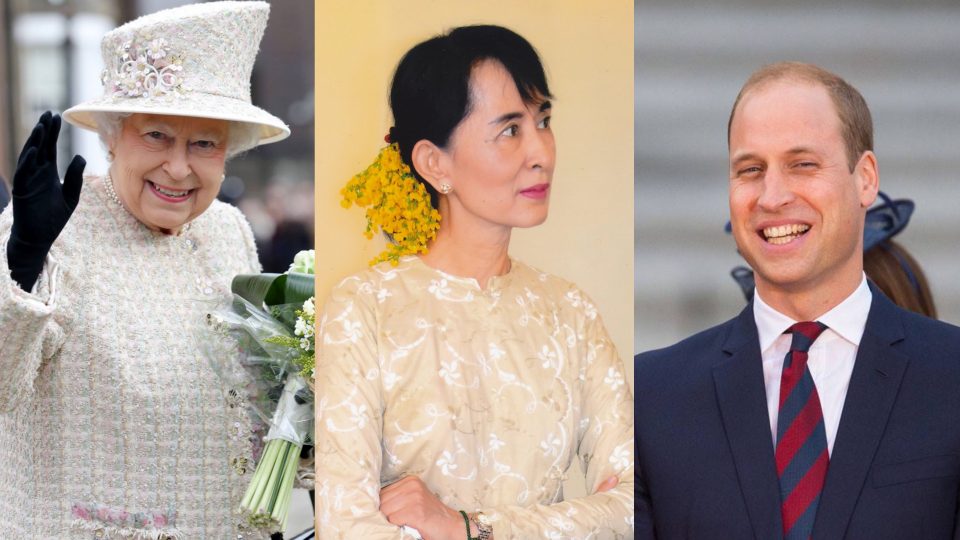 Queen Elizabeth II, Myanmar leader Aung San Suu Kyi, and Prince William. PHOTOS: Facebook/The British Monarchy/Aung San Suu Kyi