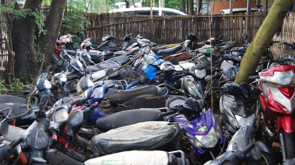 Confiscated motorbikes in North Okkalapa Township, Yangon. Photo: Jacob Goldberg 