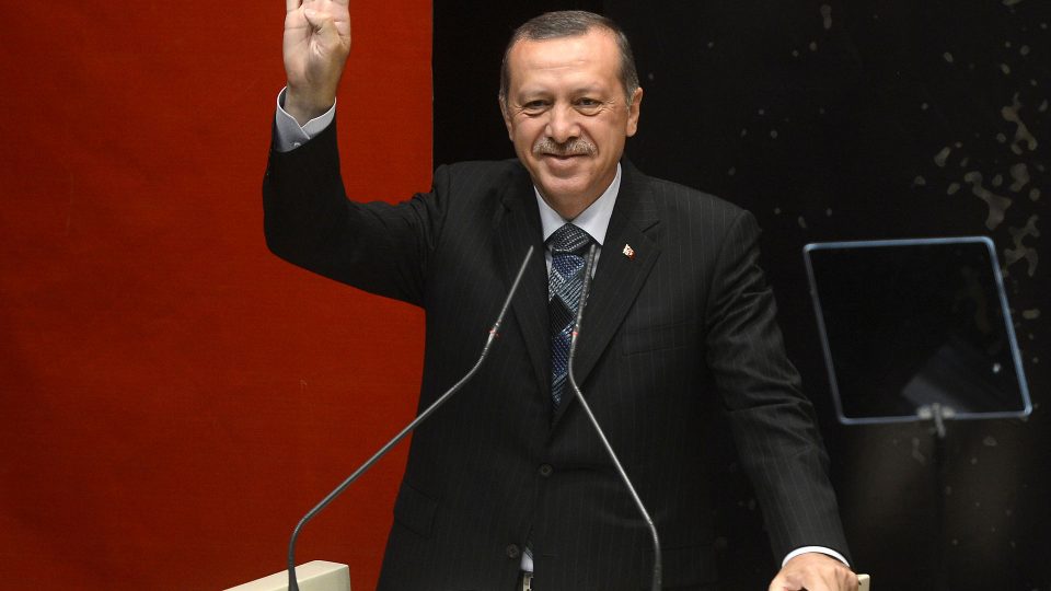 Then Turkish Prime Minister Recep Tayyip Erdoğan making the Rabia sign in 2014. PHOTO: Wikipedia/Kamu Mali