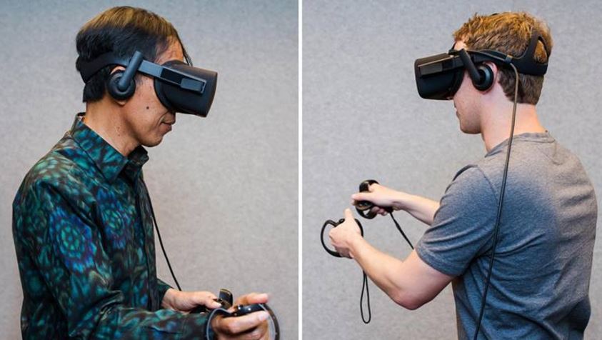 Indonesian President Joko Widodo playing virtual reality ping pong with Facebook founder Mark Zuckerberg during a visit to Facebook HQ last year. Photo: Mark Zuckerberg / Facebook