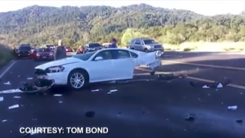 Apol Lansang’s car was literally split in half (as seen in this screencap) in an accident in Sonoma, California. PHOTO: Screengrab from TFC interview