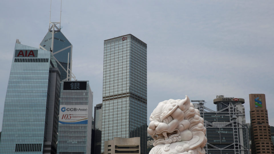 A lion sculpture is seen in front of office towers at the financial Central district in Hong Kong, May 25, 2017. Photo: Bobby Yip, Reuters